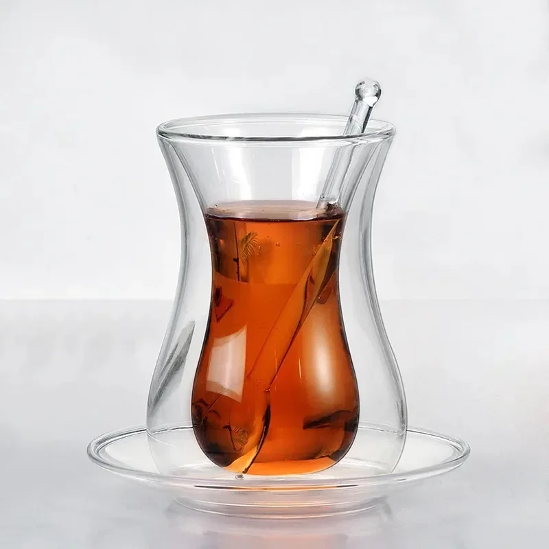 Espresso Shot Glass - ビューティーブラックティーカップソーサーティースプーンセットトルコボヘア二重壁ガラス断熱保温カフェエスプレッソショットコーヒーマグティーカップ